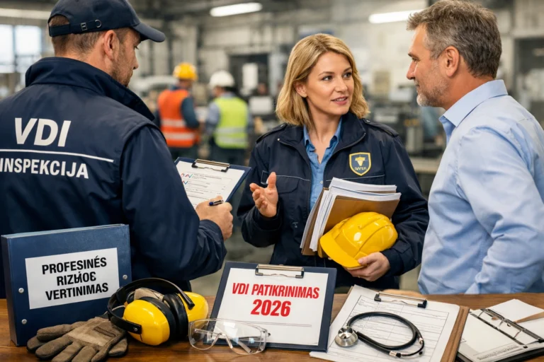 VDI inspektoriai atlieka darbų saugos patikrinimą gamybos įmonėje ir tikrina dokumentus