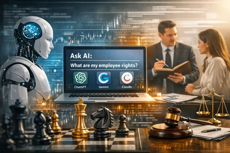 Dirbtinis intelektas (DI) ir darbo teisė: robotas stebi ChatGPT, Gemini ir Claude logotipus ekrane, ant stalo stovi teisėjo plaktukas, svarstyklės ir šachmatai. Fone tariasi žmonės-teisininkai.