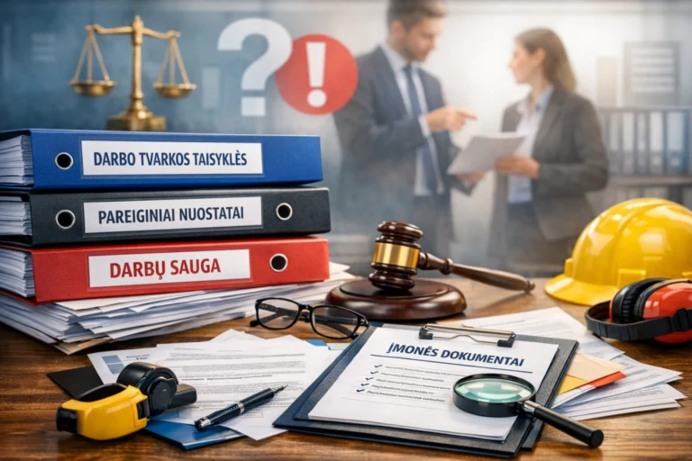 Darbo teisės ir darbų saugos dokumentų segtuvai, instrukcijos, darbo kodeksas ir teisinis plaktukas ant stalo