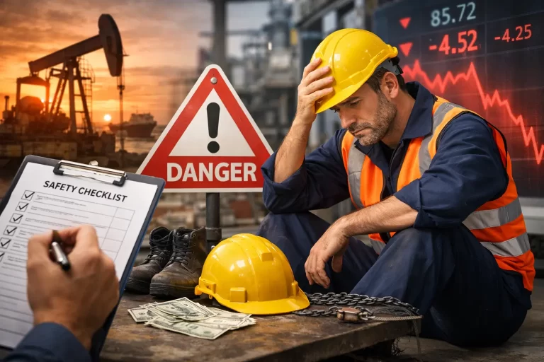 Susirūpinęs darbuotojas gamyboje krentančių rinkų fone: darbų saugos pažeidimai ir nelaimingi atsitikimai dėl taupymo krizės metu.